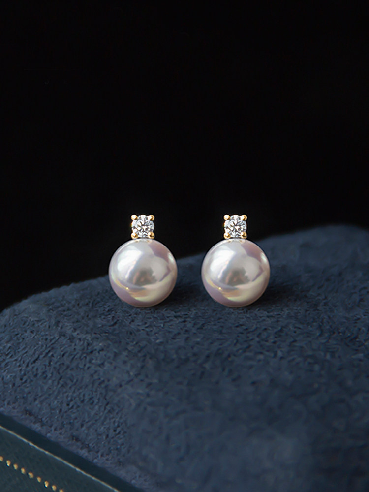 『vivi』日本akoya王妃珍珠耳钉海水耳饰镶钻18k金耳环天女级强光
