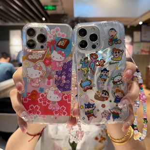 日本HelloKitty和服凯蒂猫适用iPhone15Pro手机壳苹果13软壳情侣蜡笔小新14promax外壳可爱猫咪防摔i15保护套