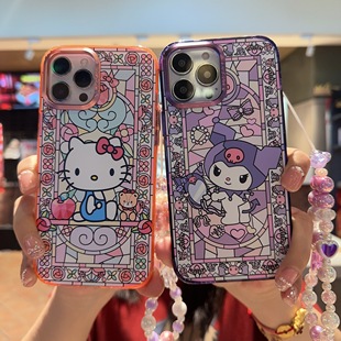 HelloKitty凯蒂猫玻璃纹适用iPhone15pro手机壳卡通KT猫咪库洛米少女14苹果12ProMax软壳13P全包保护套三丽欧