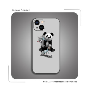 可爱熊猫单车手机壳适用iPhone14小众个性13防摔硅胶OPPO苹果15ProMax华为P70小米VIVO红米K60简约创意玻璃壳