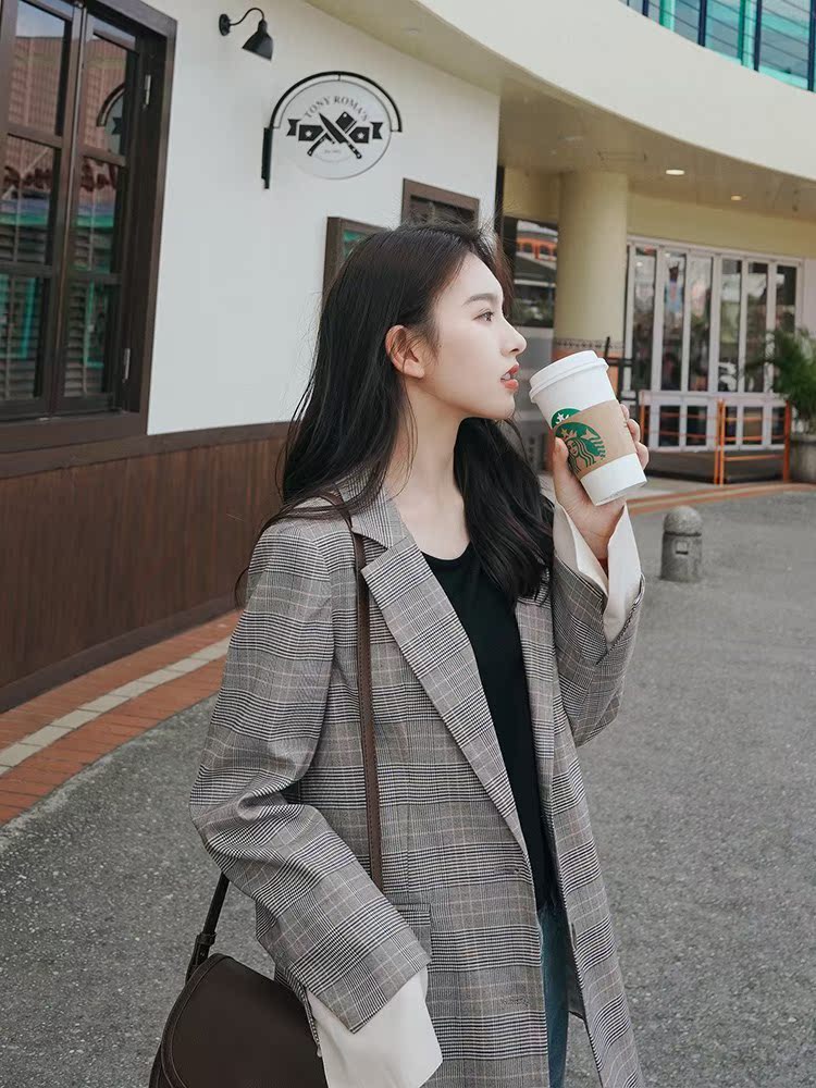 高级感网红格子西装外套女春秋新款韩国早秋ins休闲小西服女上衣