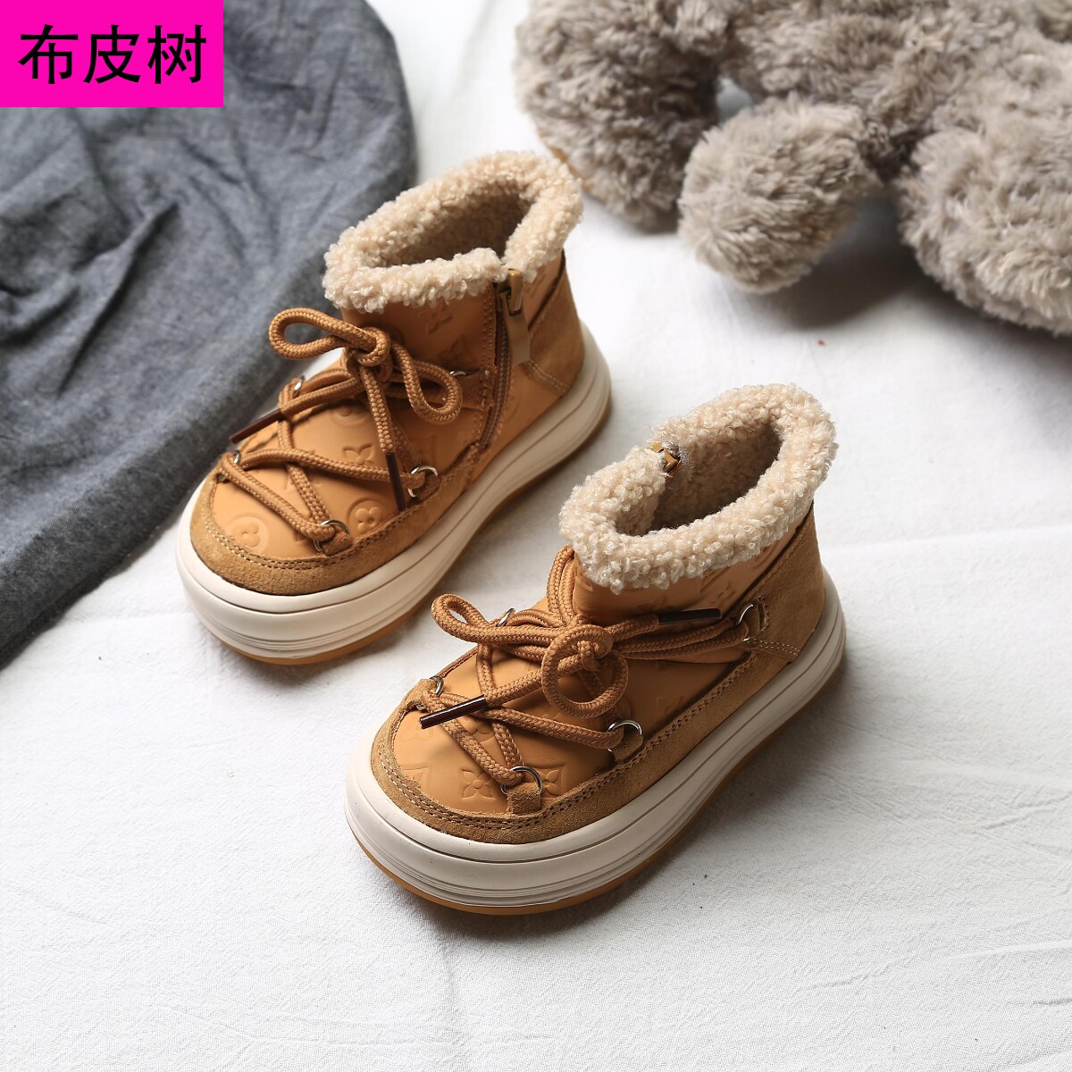 布皮树男童棉鞋宝宝加绒儿童毛毛鞋女童高帮鞋子2022冬季童鞋小童