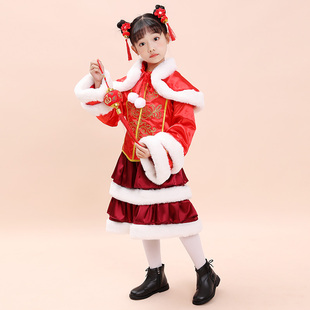 汉服女童唐装过年中国风红色宝宝拜年服冬装加绒加厚古装连衣裙冬