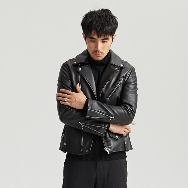 明星同款真皮皮衣男修身绵羊皮外套哈雷机车服翻领帅气皮夹克短款