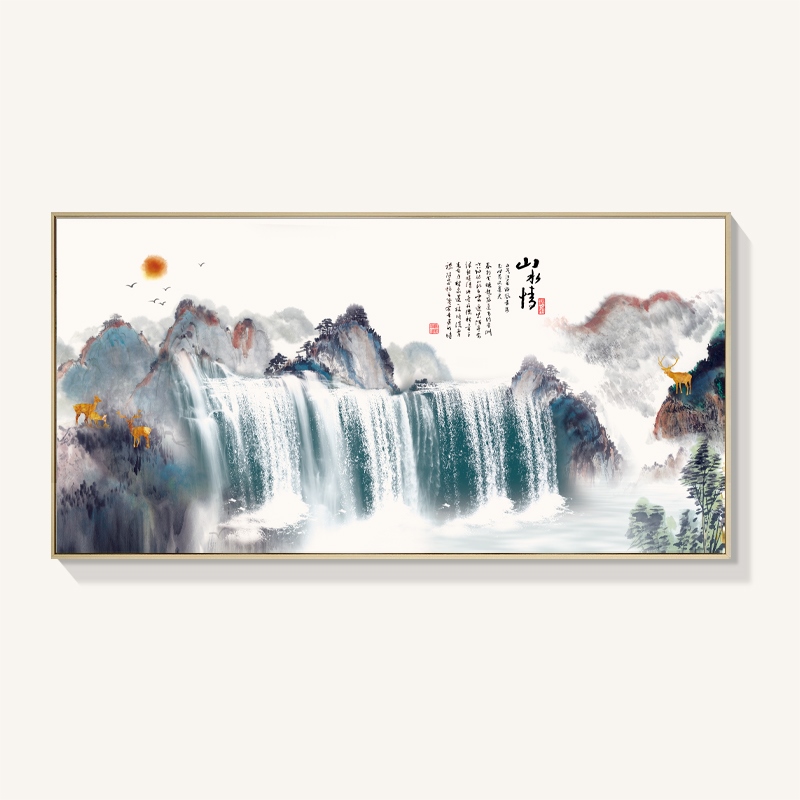 新中式山水画瀑布山水流水生财电视墙纸沙发背景墙装饰画壁纸壁画