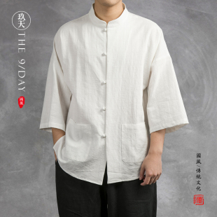 中国风汉服短袖禅修服道服中式男装民族居士唐装青年茶服亚麻改良