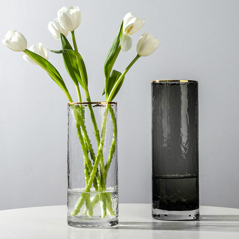 北欧轻奢描金简约大口花瓶玻璃透明插花富贵竹满天星餐桌网红摆件