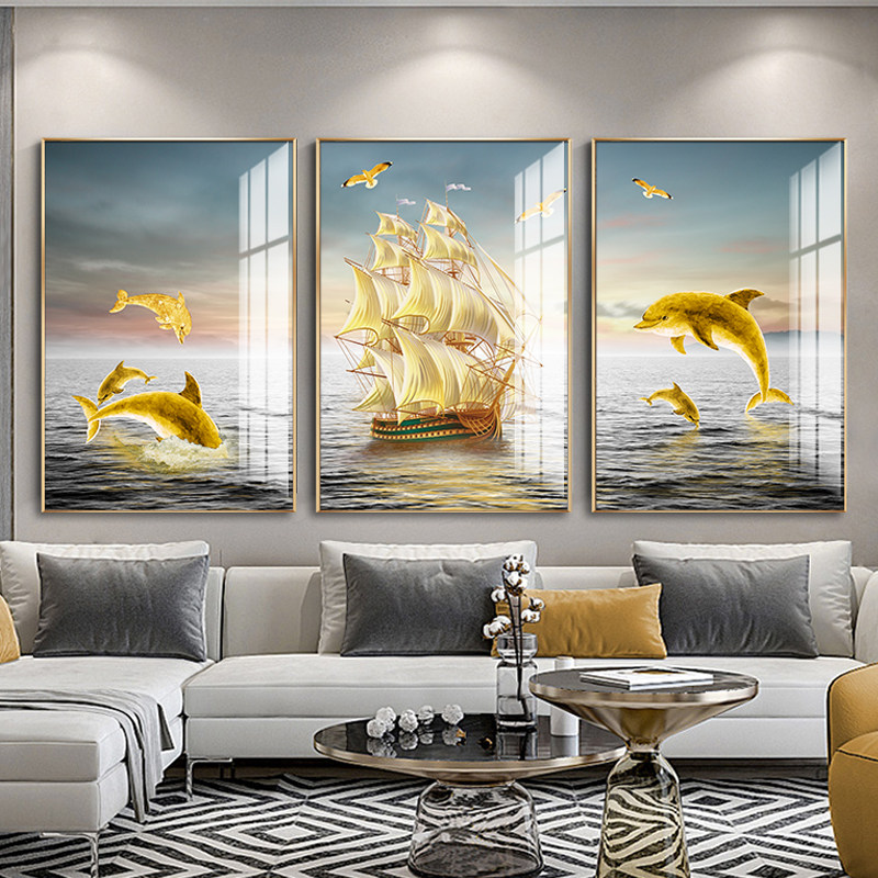 现代简约客厅沙发背景墙装饰画一帆风顺大气轻奢晶瓷画三联壁画——普