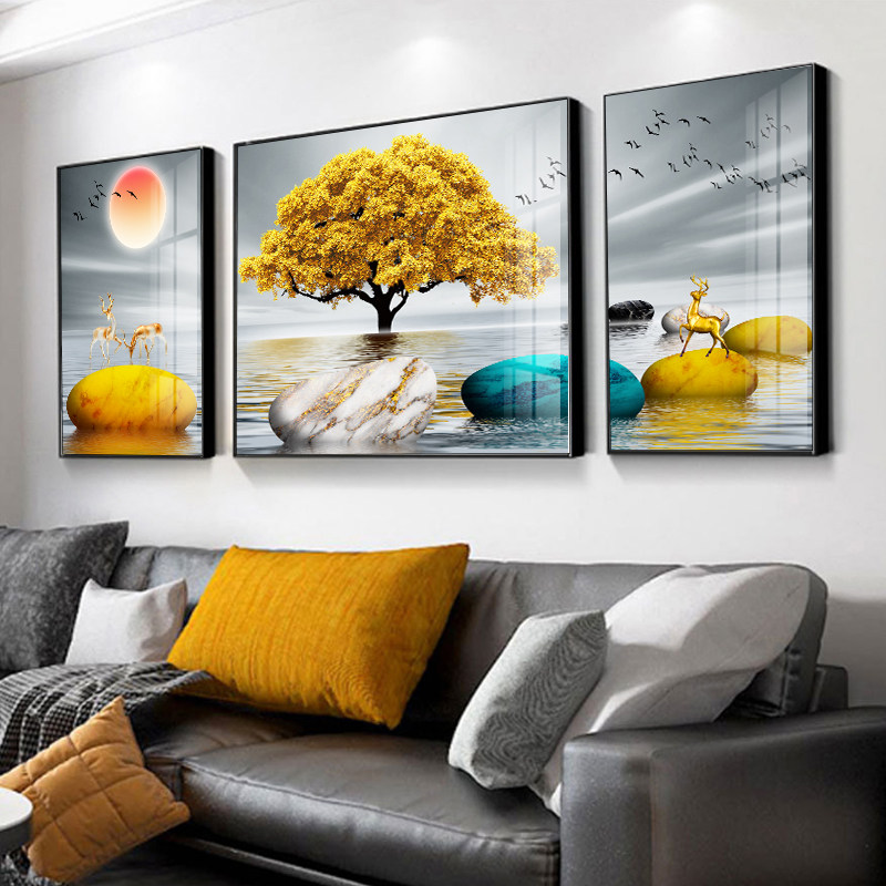 镶钻装饰画晶瓷画客厅沙发背景墙挂画现代轻奢发财树招财鹿三联画