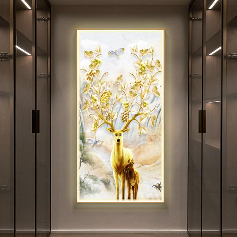 金鹿高升入户玄关led装饰画高级感灯画轻奢麋鹿壁画走廊过道挂画