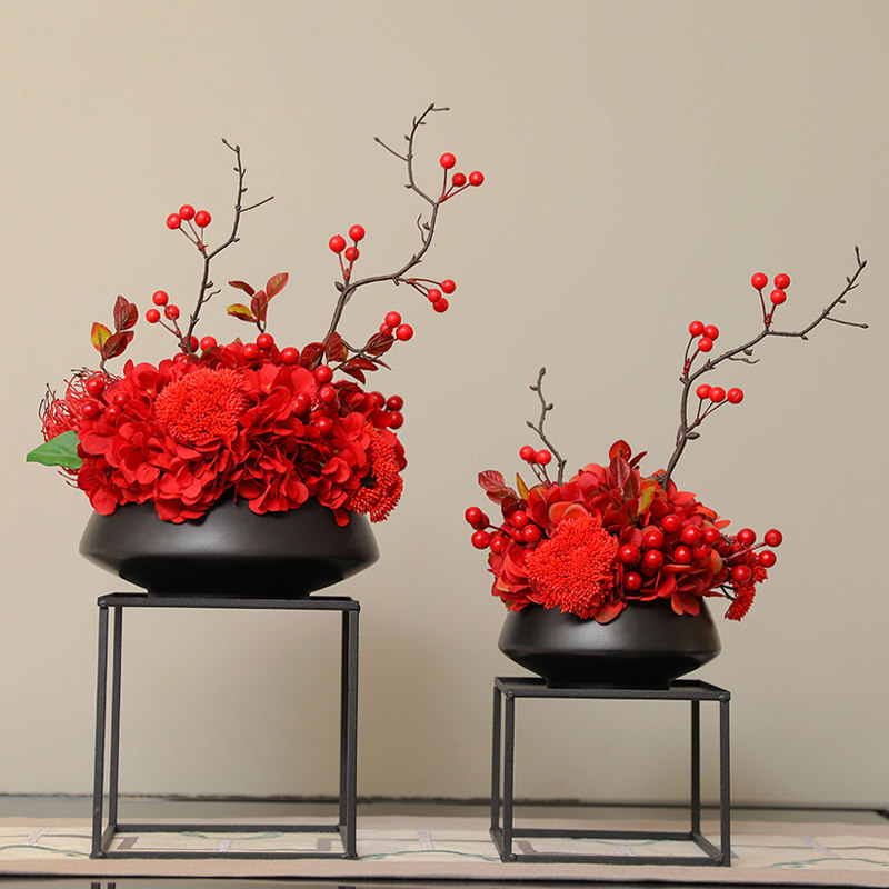 新中式仿真发财浆果假花绿植样板房洽谈餐桌花客厅禅意花艺摆设件