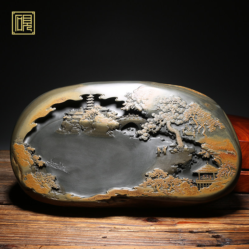 孤品匠心非遗传人工艺美术大师许亚祥山水如画砚台作品精品高档金星坑