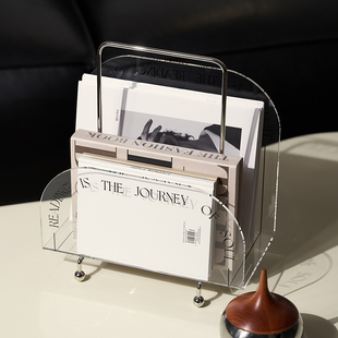 现代简约杂志架书架落地桌面收纳架银色亚克力创意客厅摆件书报架
