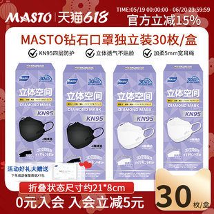Masto一次性KN95防尘口罩鱼嘴形立体白色黑色透气单独包装