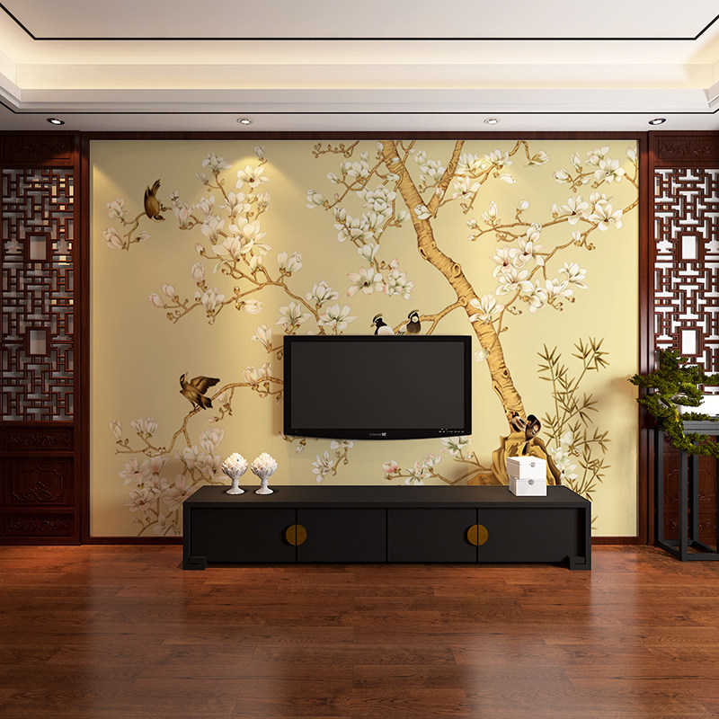 新中式手绘花鸟壁画壁纸客厅电视背景墙装饰画沙发墙纸卧室墙布