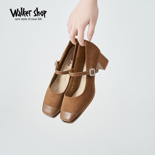 Walker Shop玛丽珍鞋女2024年春季新款粗跟增高复古法式中跟单鞋