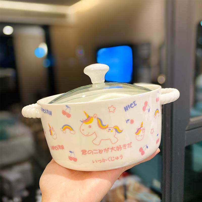 ins可爱少女心韩式泡面碗带盖陶瓷学生宿舍方便面大碗寝室可微