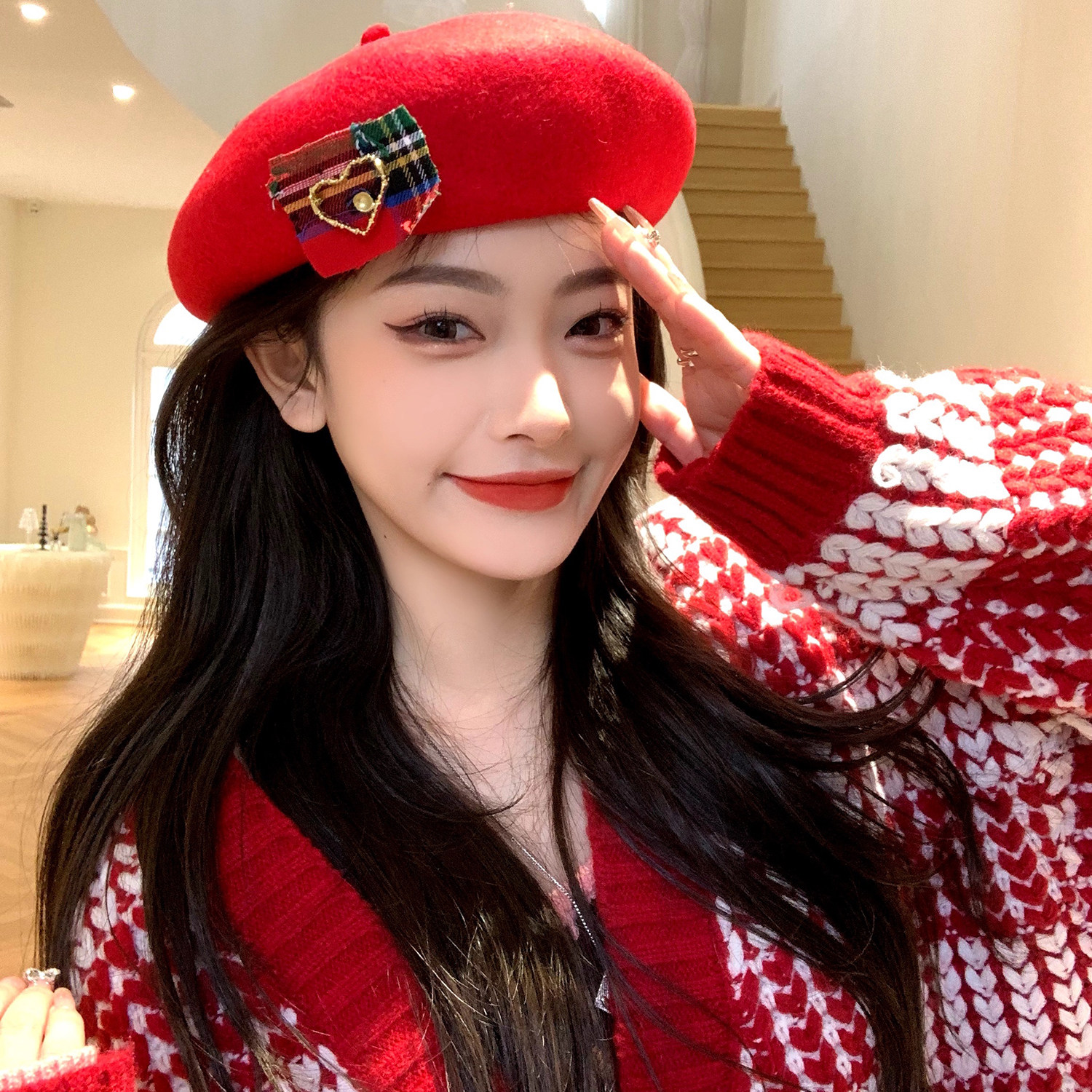 粥可可韩系红色贝雷帽女冬季时尚英伦毛呢爱心画家帽显脸小