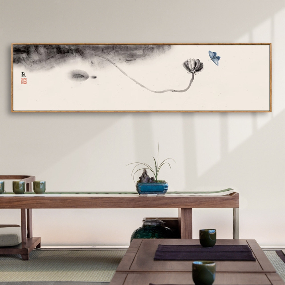 新中式卧室客厅装饰画民宿横幅主卧床头挂画茶室水墨荷花禅意壁画