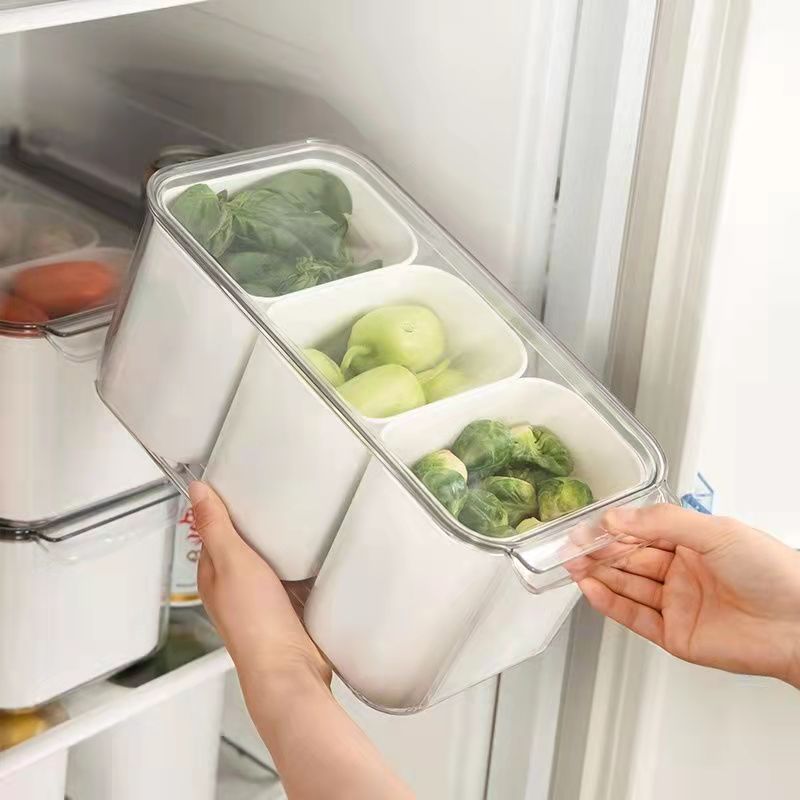 日系冰箱收纳盒抽屉式厨房密封盒三分格塑料整理盒蔬菜水果储藏盒
