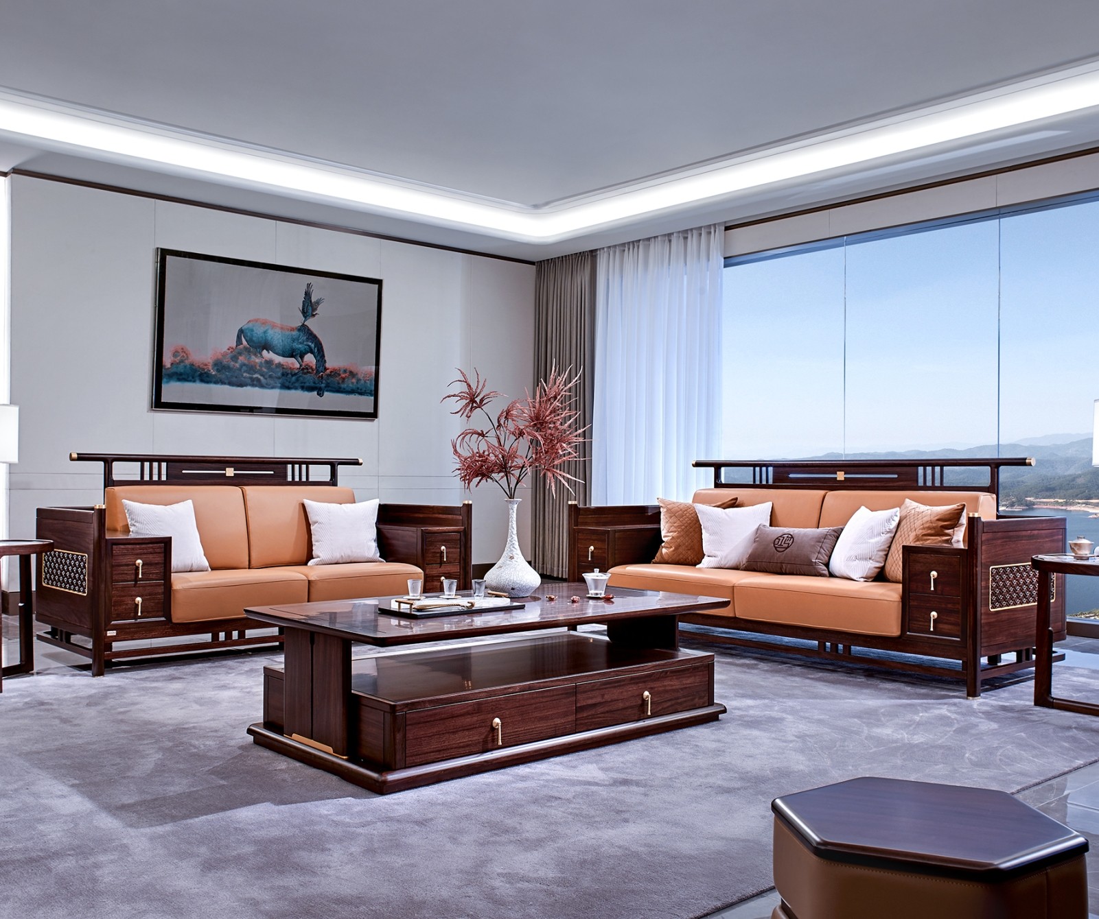 南洋胡氏 鸿运系列hs9932沙发 新中式 古典 组合实木沙发真皮软包