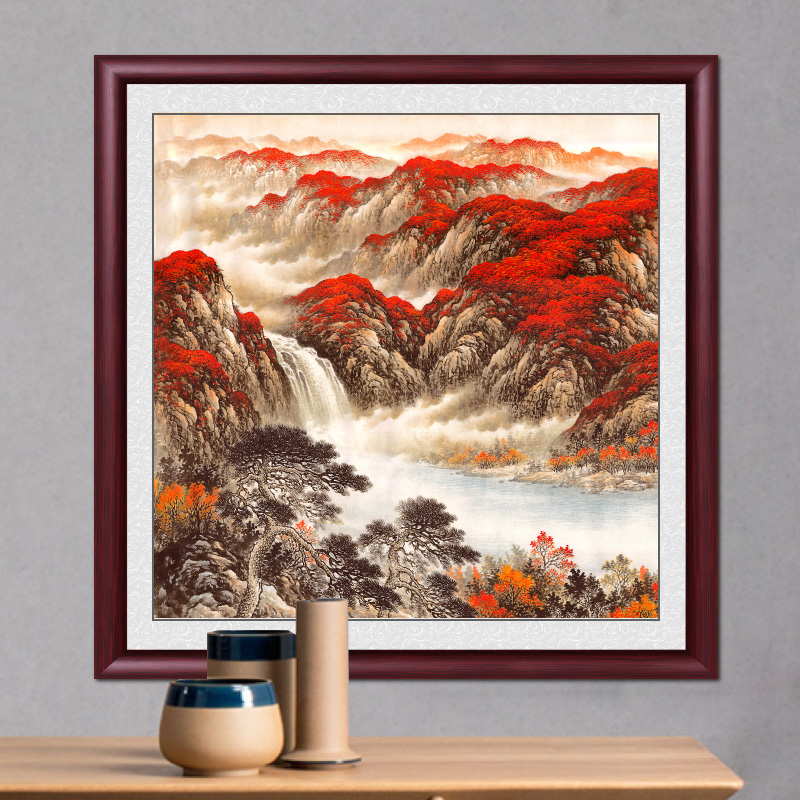 鸿运当头国画山水画办公室挂画客厅背景墙壁画中式入户玄关装饰画