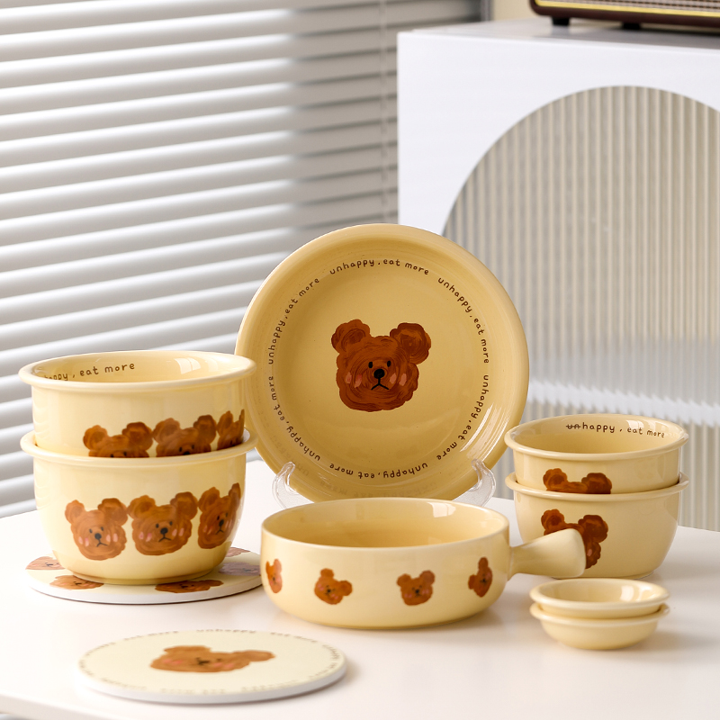 奶油色卡通碗盘组合emo熊餐具ins风高颜值碗碟套装家用创意送礼