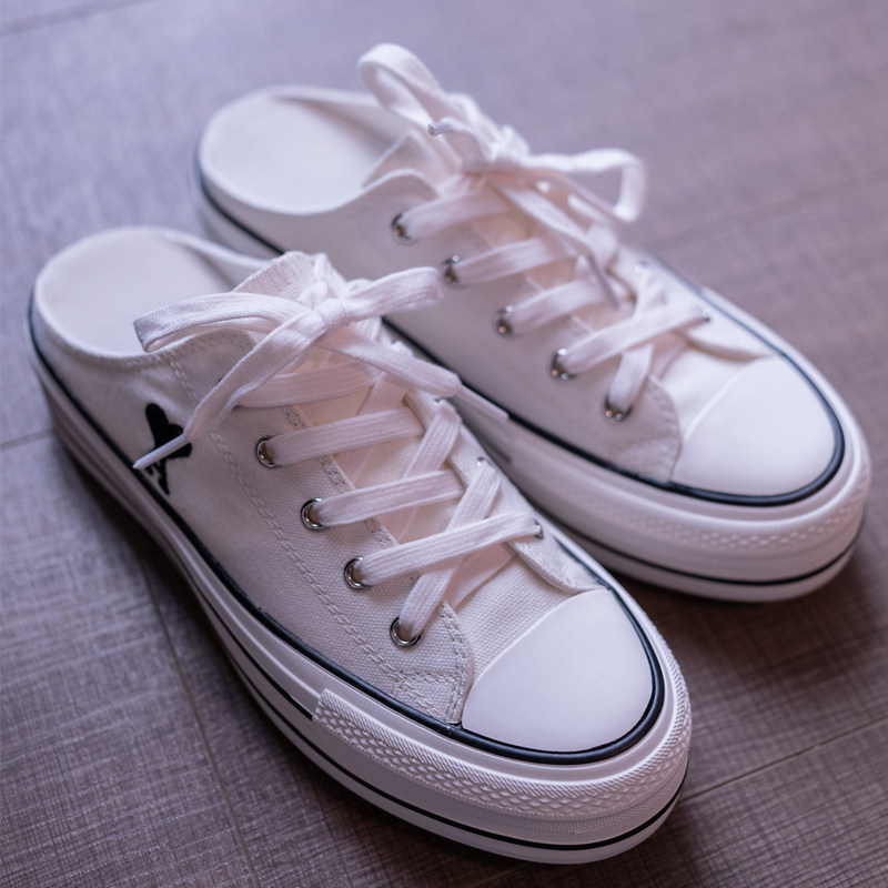 诗歌兰包头半拖鞋女夏外穿2021新款休闲百搭不磨脚厚底系带帆布鞋