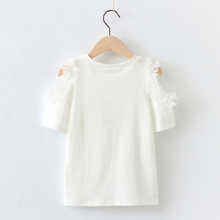 女童短袖T恤夏季2024新款夏装中大童纯棉体恤儿童白色露肩上衣潮