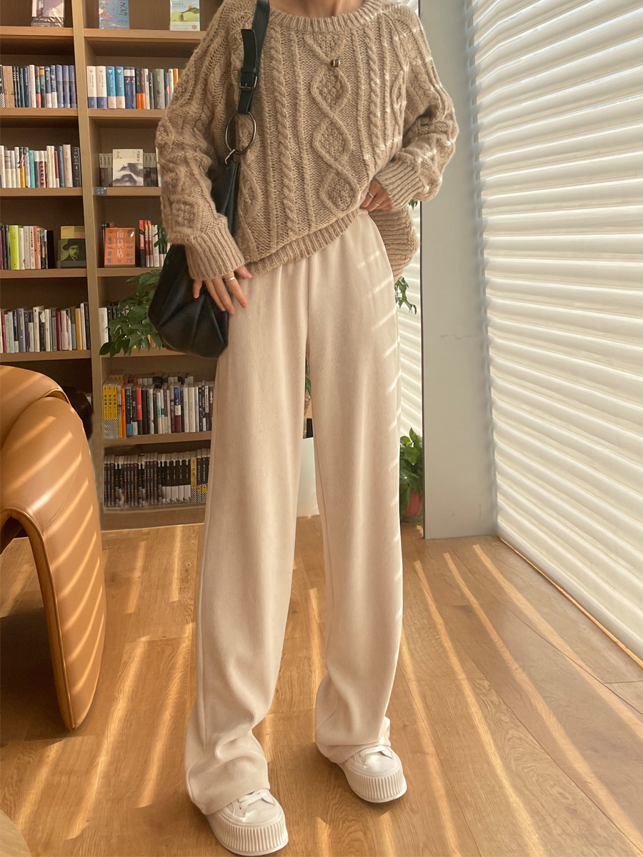日系米白色针织阔腿裤女春季2022新款雪尼尔高腰显瘦直筒拖地长裤