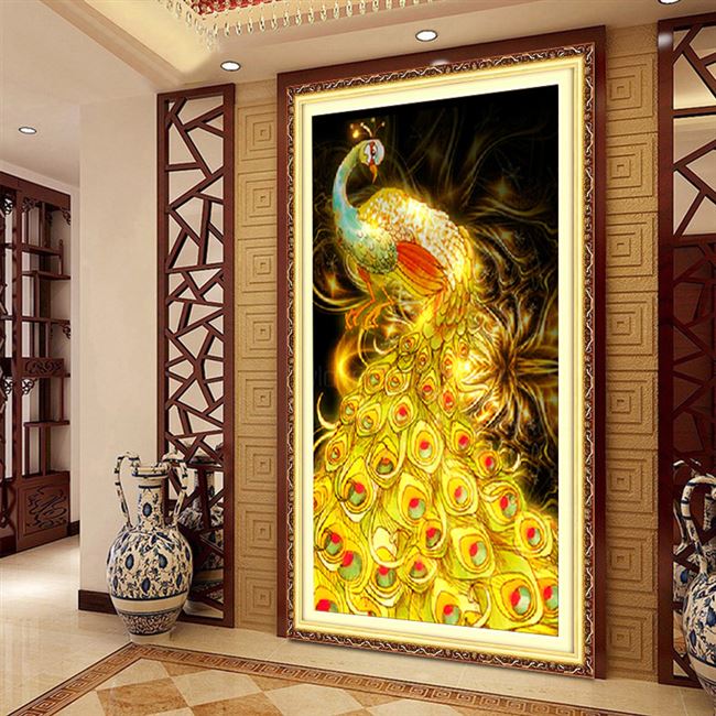 钻石画5d满钻金孔雀钻石绣金色凤凰客厅玄关竖版大幅贴钻十字绣