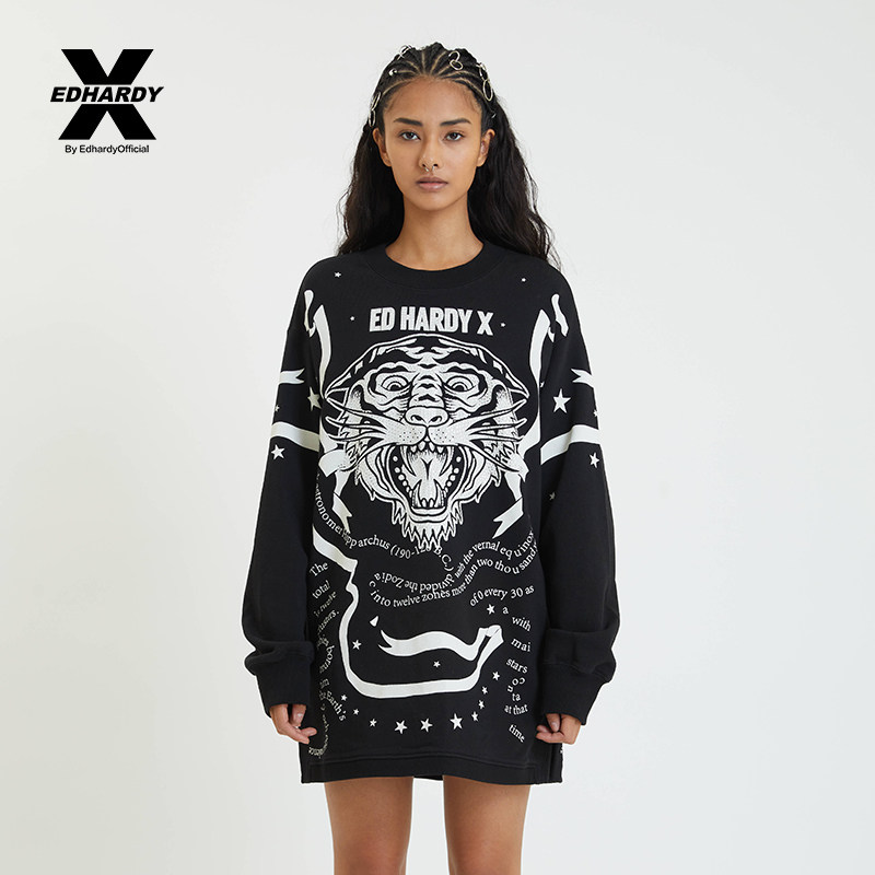 ed hardy x 春季女士时尚宽松虎头印花圆领连衣裙s12fdw119206