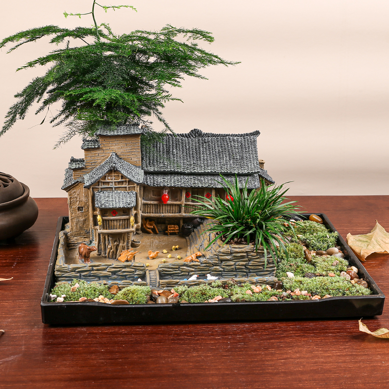 中国风复古农家老房子摆件微景观造景装饰创意盆栽文竹桌面小盆景