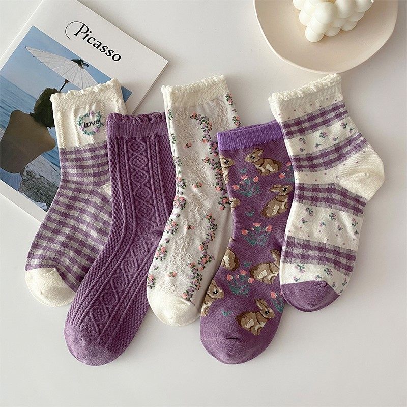 香芋紫袜子女中筒袜ins潮秋冬可爱日系复古紫色碎花长筒袜女学生