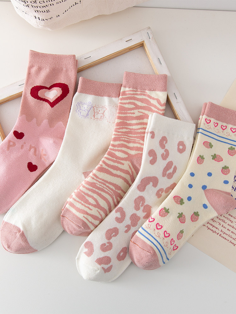 粉色袜子女中筒袜ins潮纯色春秋日系可爱草莓豹纹夏季薄款长筒袜
