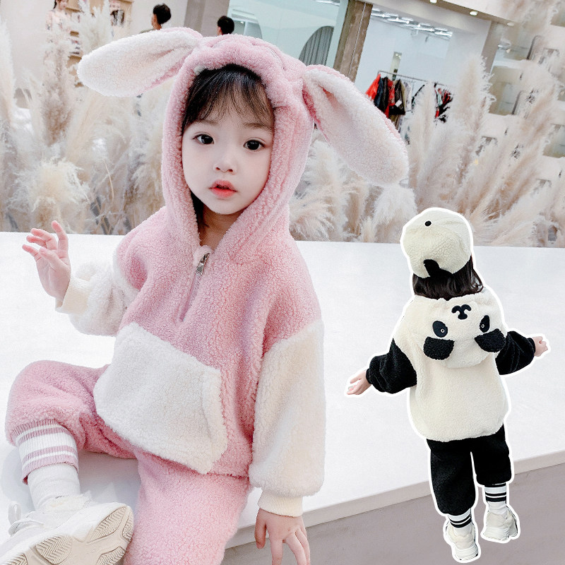 韩国女童秋冬套装深秋中小童羊羔毛毛衣两件套加绒可爱女宝宝童装