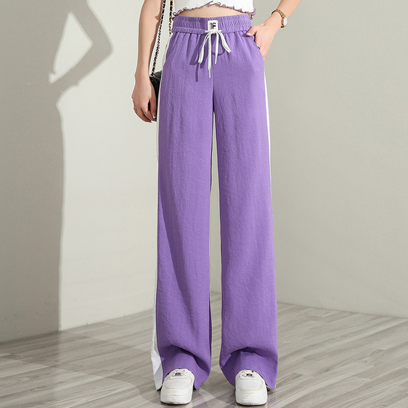 紫色运动裤女夏季薄款2021新款宽松休闲直筒拖地冰丝仙仙阔腿裤子