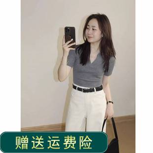 灰色正肩POLO衫V领冰丝针织短袖T恤女夏修身紧身半袖翻领上衣夏季