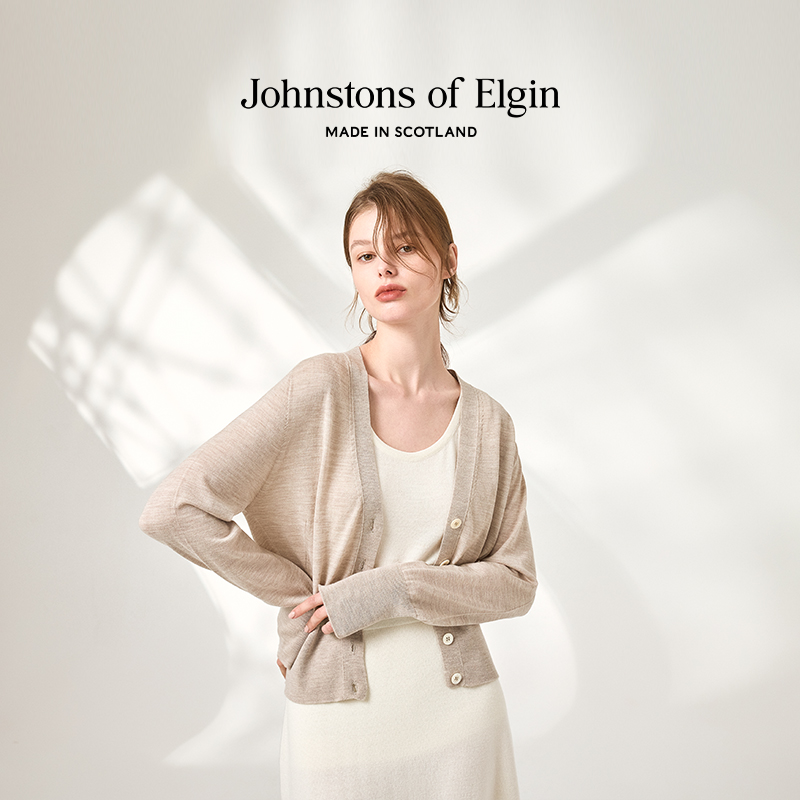 【春夏60支】Johnstons of Elgin女士轻薄V领无缝羊毛针织开衫