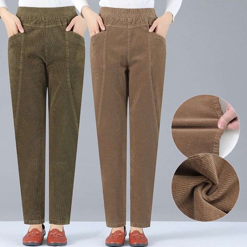 妈妈条绒裤子春秋款加绒哈伦中老年女裤冬季萝卜中年加厚灯芯绒裤