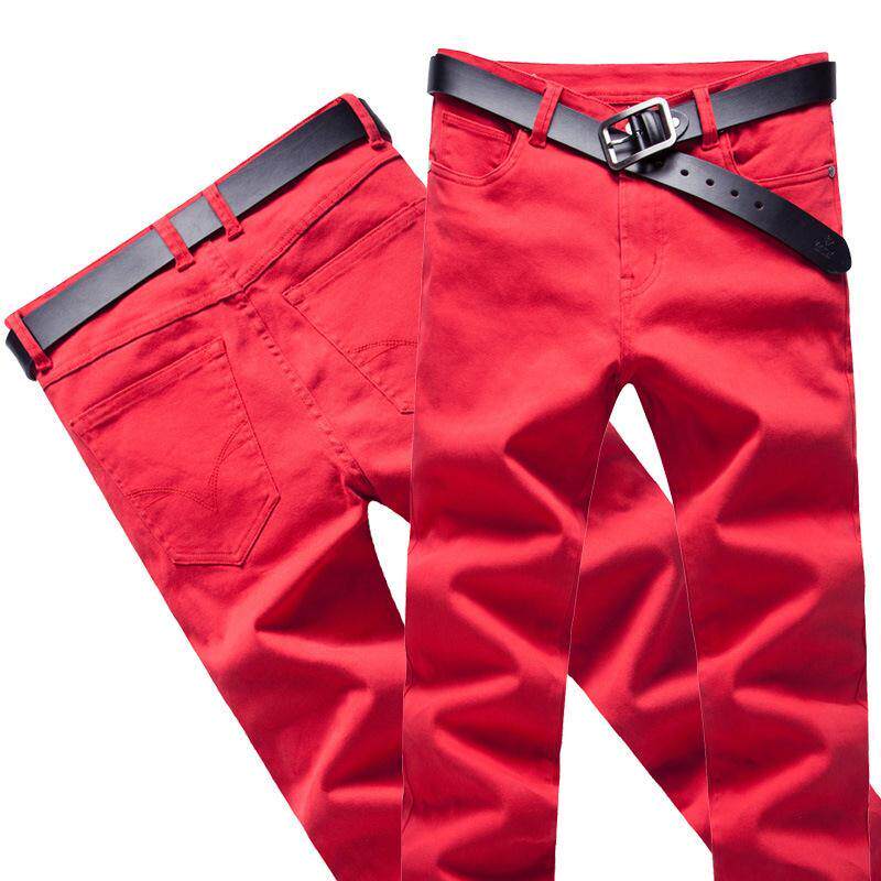 春季酒红色休闲裤男弹力大码修身长裤牛仔棉潮裤子男加肥加大男裤