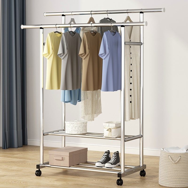 凉衣捍支架304不锈钢衣架落地晾折叠卧室内阳台加粗螺旋层板移动