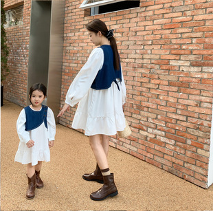 亲子装 母女韩版牛仔马甲连衣裙2件套 女童春季新款连衣裙