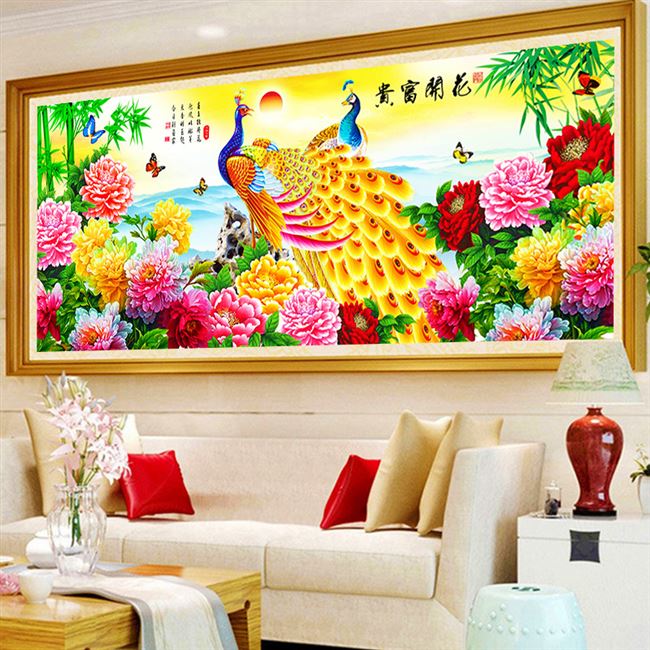 新款5diy满钻石画动物图案花开富贵孔雀风景十字绣客厅点贴粘砖秀