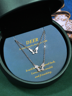 意大利设计师DEER纯银项链女 锁骨链 双层 叠带蝴蝶项链 生日礼物