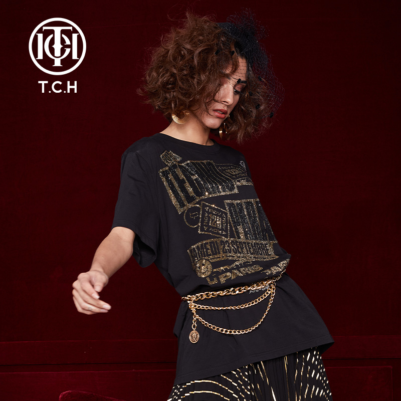 TCH潮牌男女T恤夏装新品暗黑风大字母烫钻短袖上衣T212106099