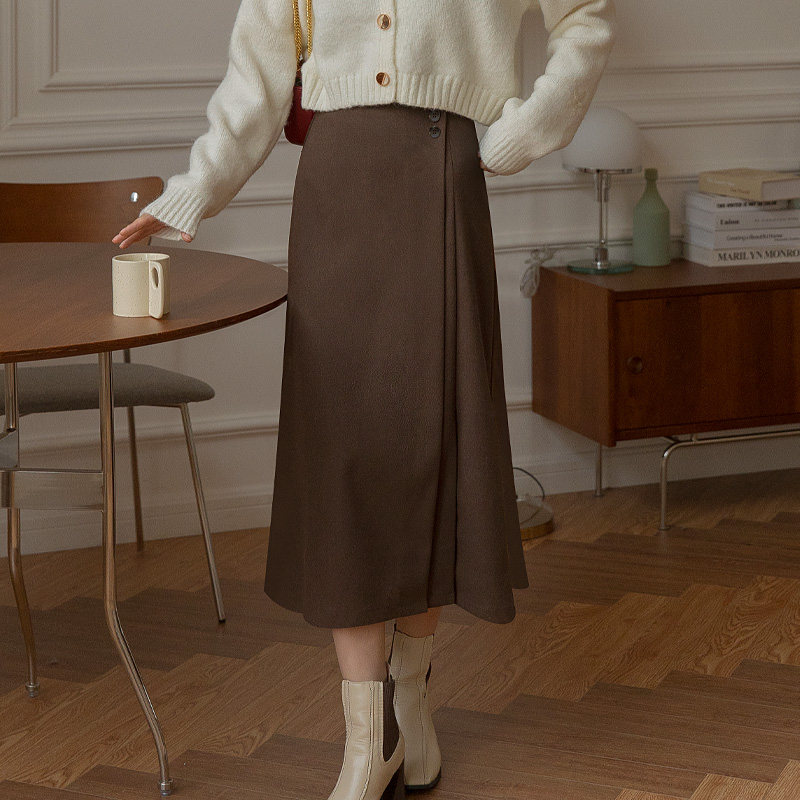 lycheerose荔枝肉咖色毛衣半身裙冬天配毛衣百搭高腰中长款呢子裙