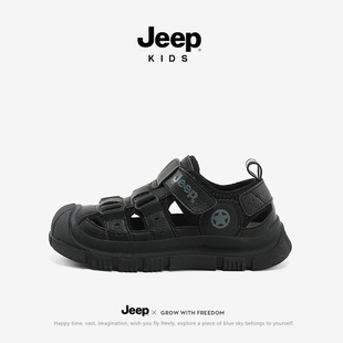 jeep男童凉鞋黑色夏款轻便包头沙滩鞋中大童2024新款男孩儿童鞋子