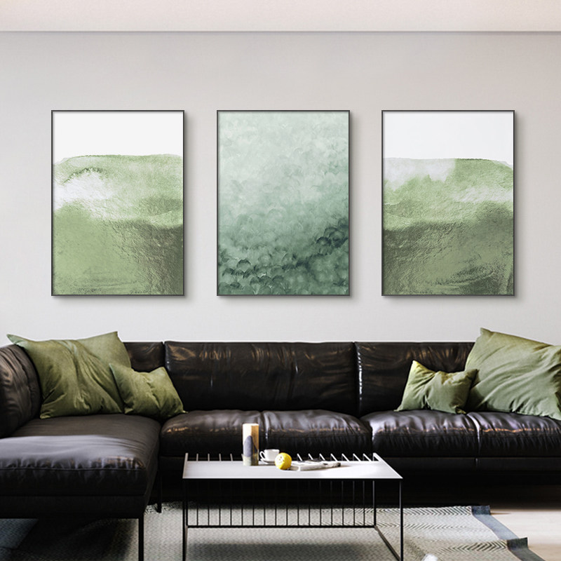 墨绿客厅装饰画现代简约沙发背景墙挂画轻奢大气三联画墙面壁画