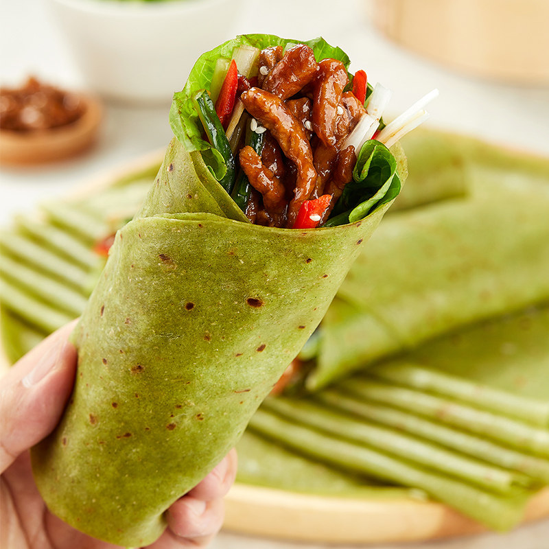 菠菜卷饼低脂卡粗粮主食早餐食品全麦荞麦手抓饼鸡肉卷薄饼皮单饼